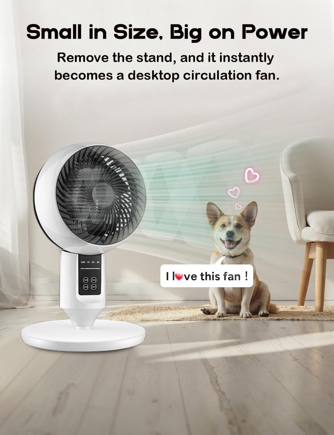 Standventilator Aerion mit smarter Fernbedienung. Höhenverstellbar, leise & effizient für Büro und Zuhause.
