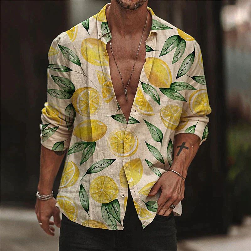 Modisches Herren Kurzarm-Sommerhemd mit frischem Zitronenprint. Lässiges Printhemd für Strand, Urlaub & Freizeit.