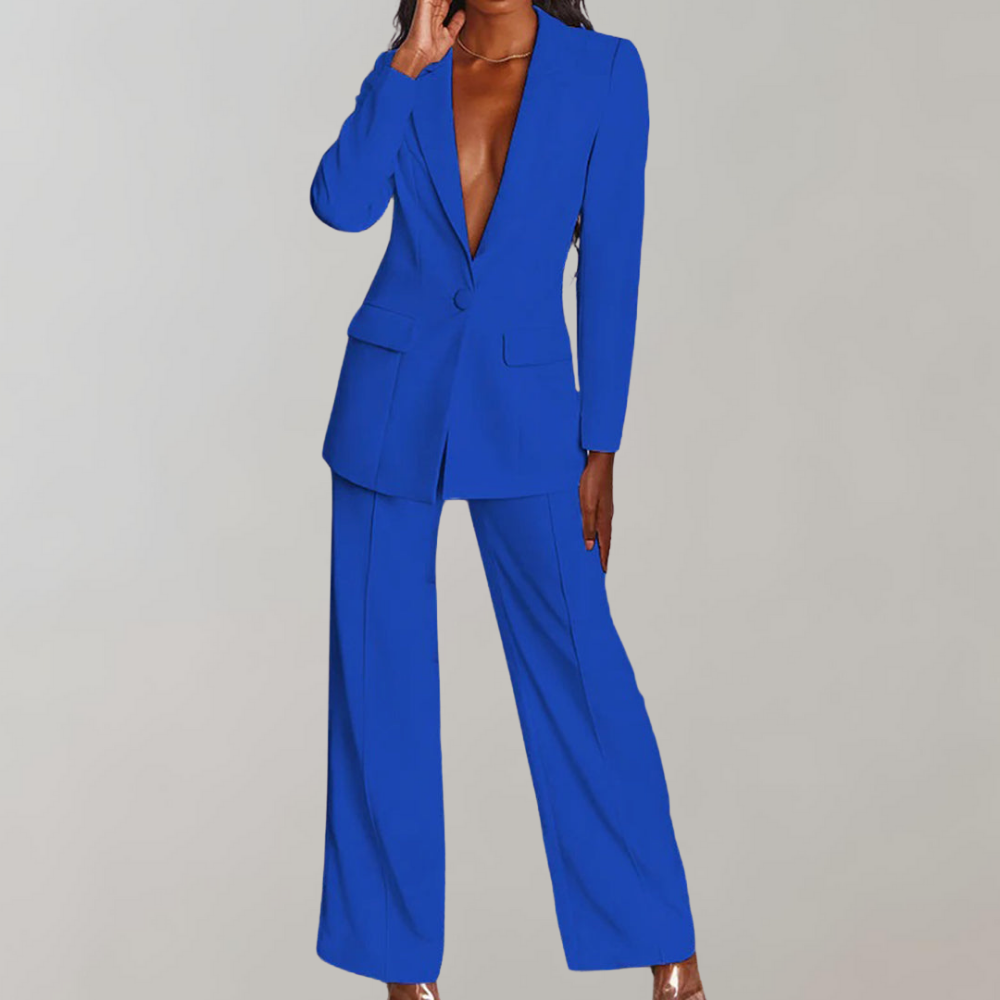 Schwarzes Damen Blazer Set mit langer Hose, ein Must-have für jede Business-Garderobe.