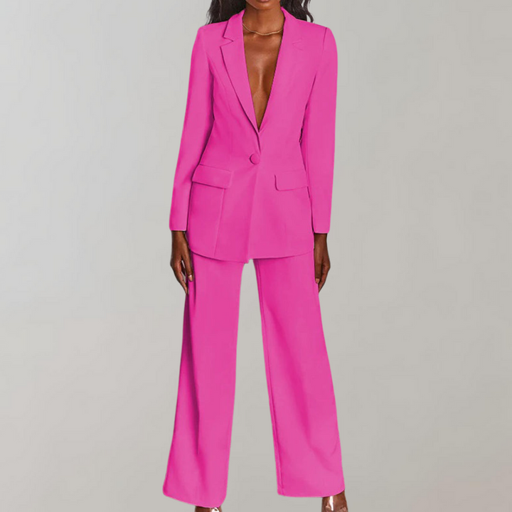 Eleganter Damen Business Hosenanzug, navyblau, mit passendem Blazer, ideal für Konferenzen.