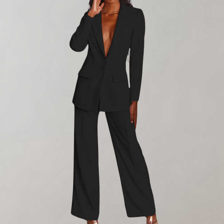 Hochwertiges Damen Blazer Set, schwarz, für ein professionelles Büro-Outfit oder schicke Events.