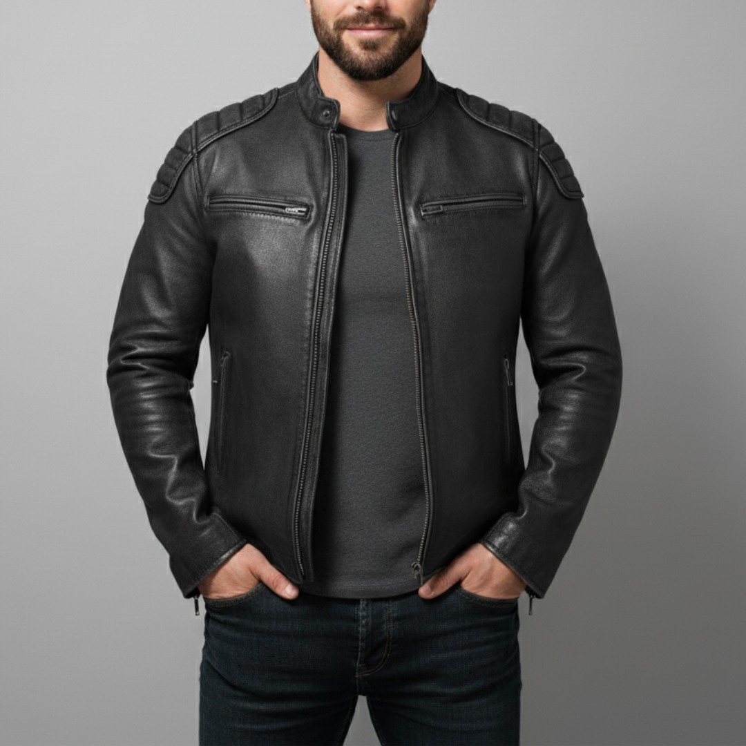Robuste Herren Bikerjacke mit Reißverschlusstaschen, im Vintage-Stil, perfekte Oberbekleidung für Freizeit.