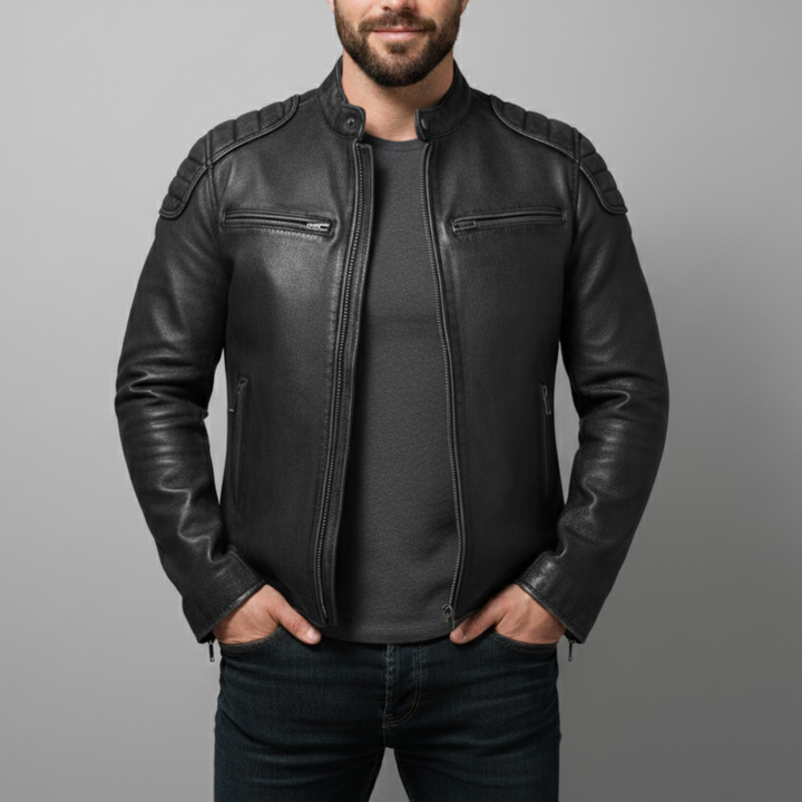 Robuste Herren Bikerjacke mit Reißverschlusstaschen, im Vintage-Stil, perfekte Oberbekleidung für Freizeit.