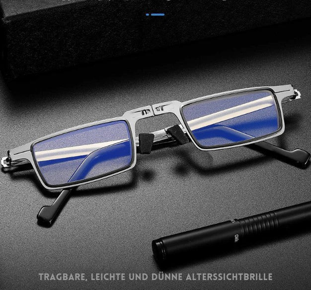 Faltbare Titan-Sehbrille, platzsparend und robust. Die perfekte tragbare Lesehilfe für den Alltag.
