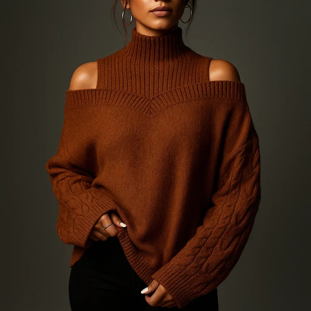 Stylischer Damenpullover: Rollkragen, offen Schulter, einzigartiges Strukturdesign. Perfekt für Herbst/Winter.
