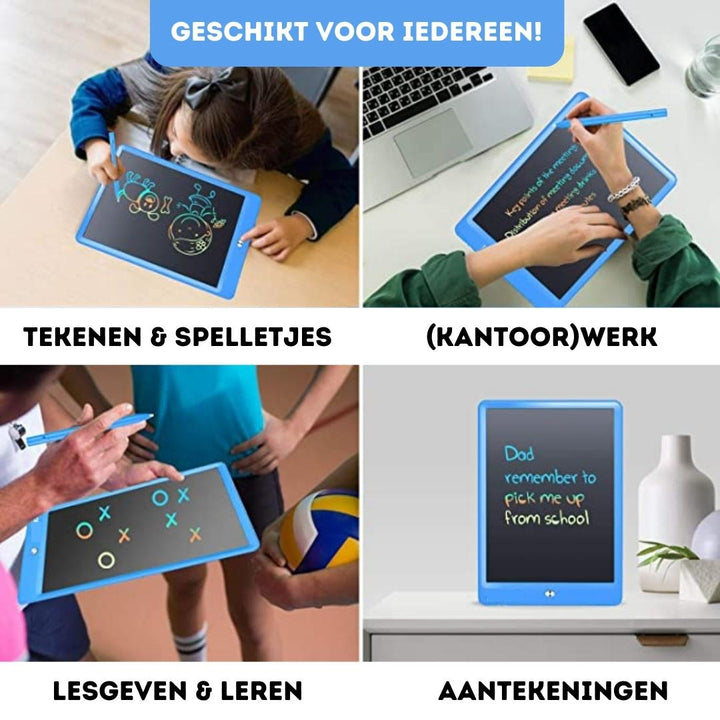 Kind malt lächelnd auf einem bunten LCD-Zeichentablett, fördert spielerisch die Fantasie.