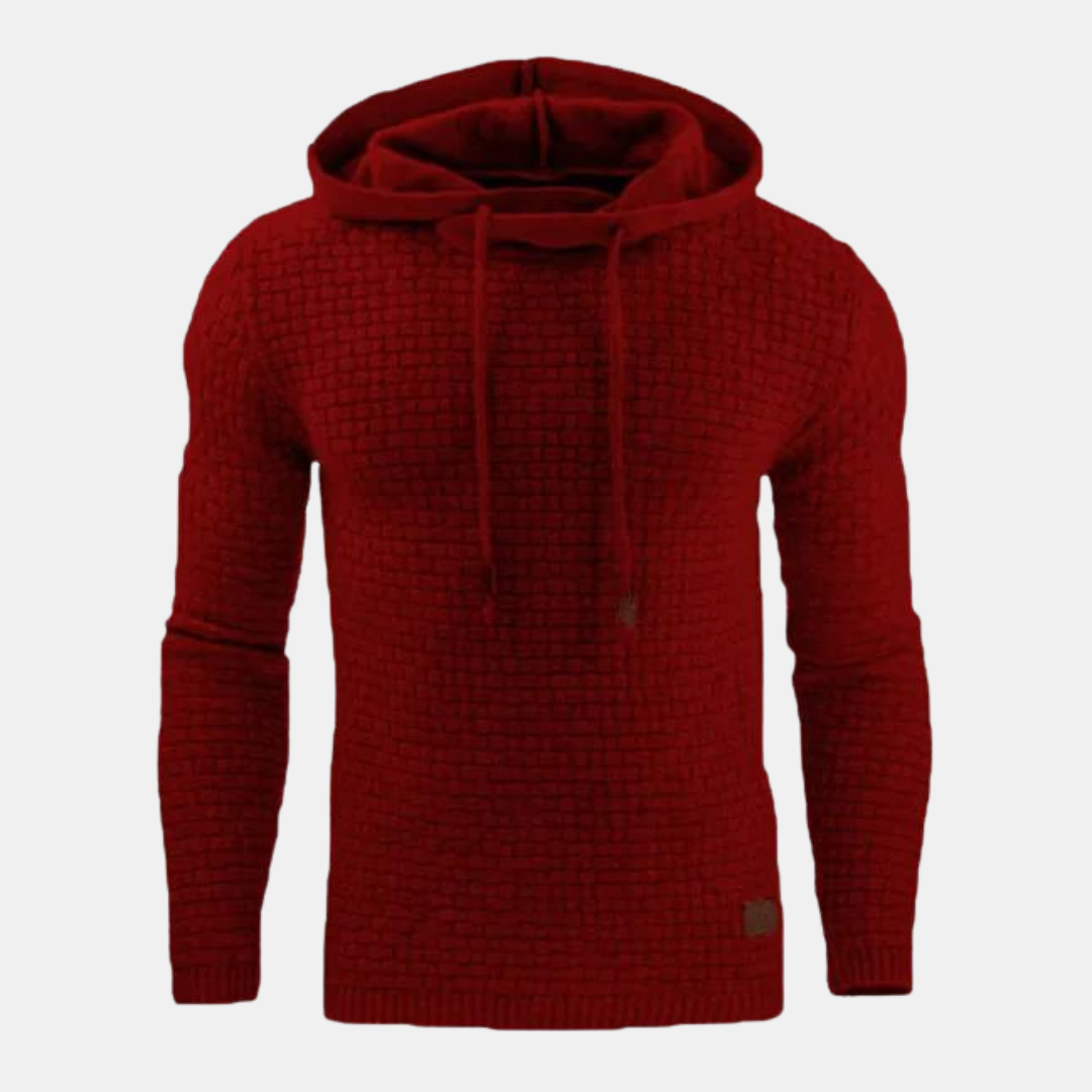 Nahaufnahme des Vintage-Musters auf dem Herren Kapuzenpullover. Stylischer, bequemer Hoodie für Herbst-Winter Streetwear.