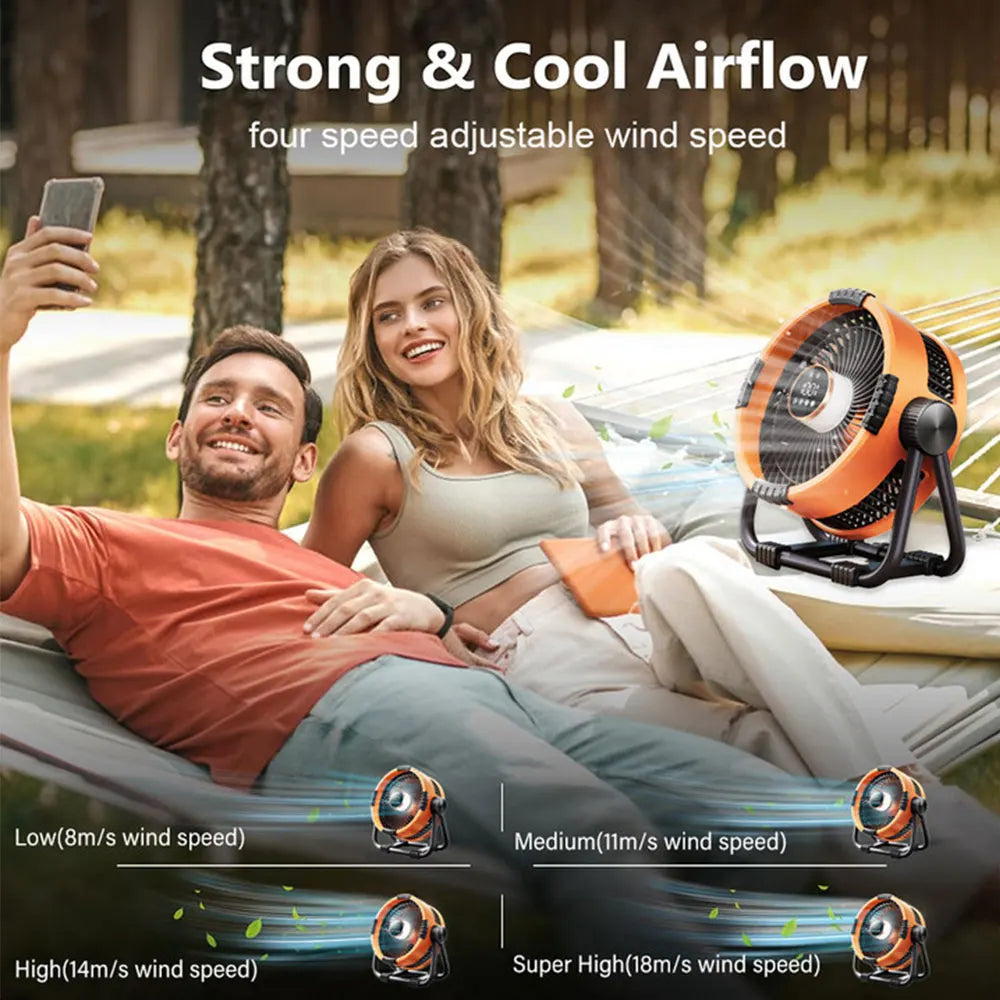 Kompakter Outdoor-Ventilator mit Fernbedienung, Akku und LED-Licht zur Kühlung beim Camping.