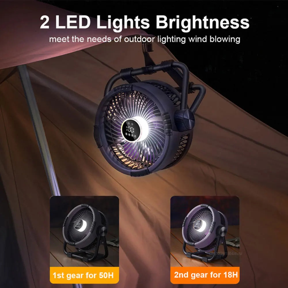 Leistungsstarker Campingventilator 20000mAh mit integriertem LED-Licht für Zelt & Outdoor.