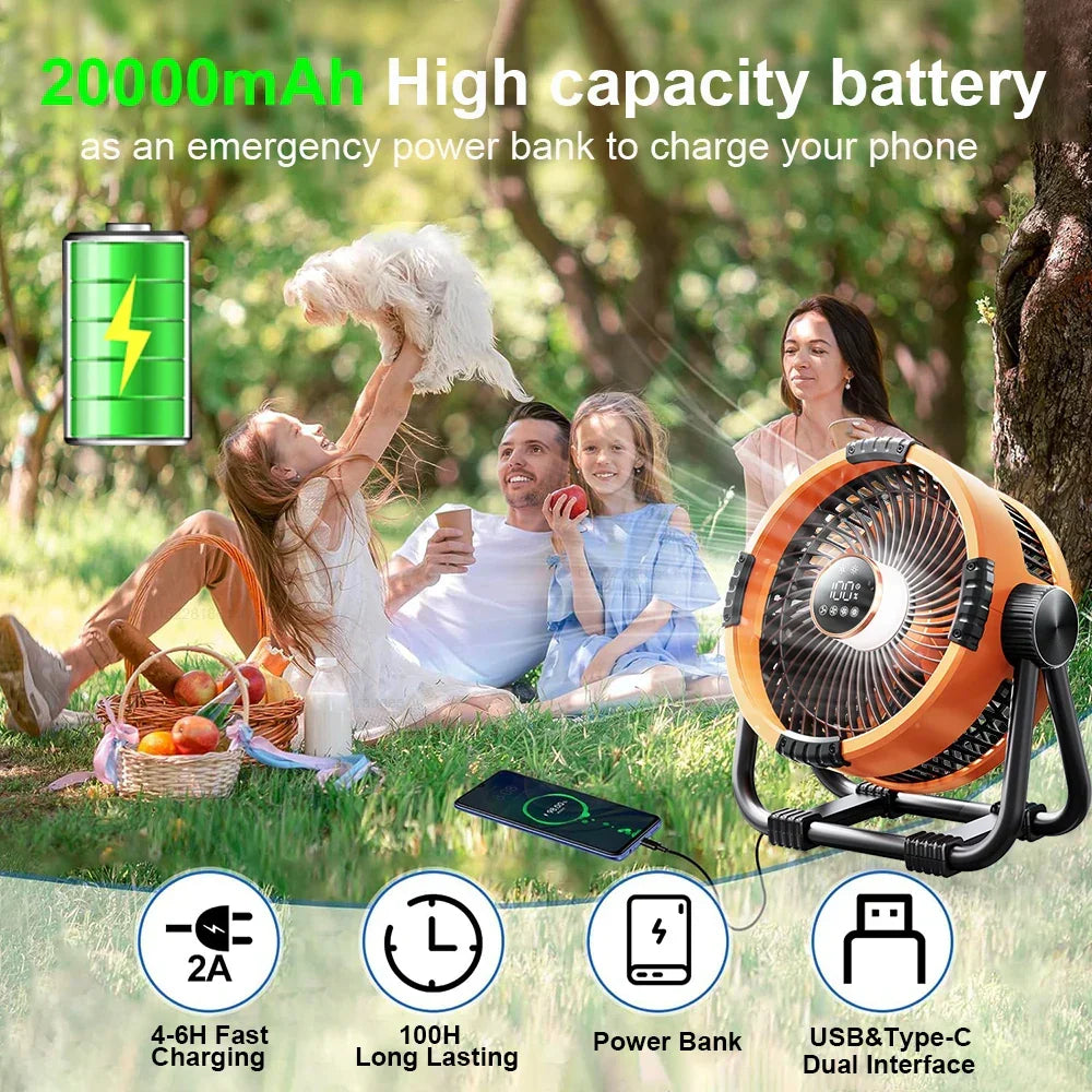 Multifunktionaler Akku-Campinglüfter mit LED-Leuchte, Fernbedienung und Powerbank-Funktion.