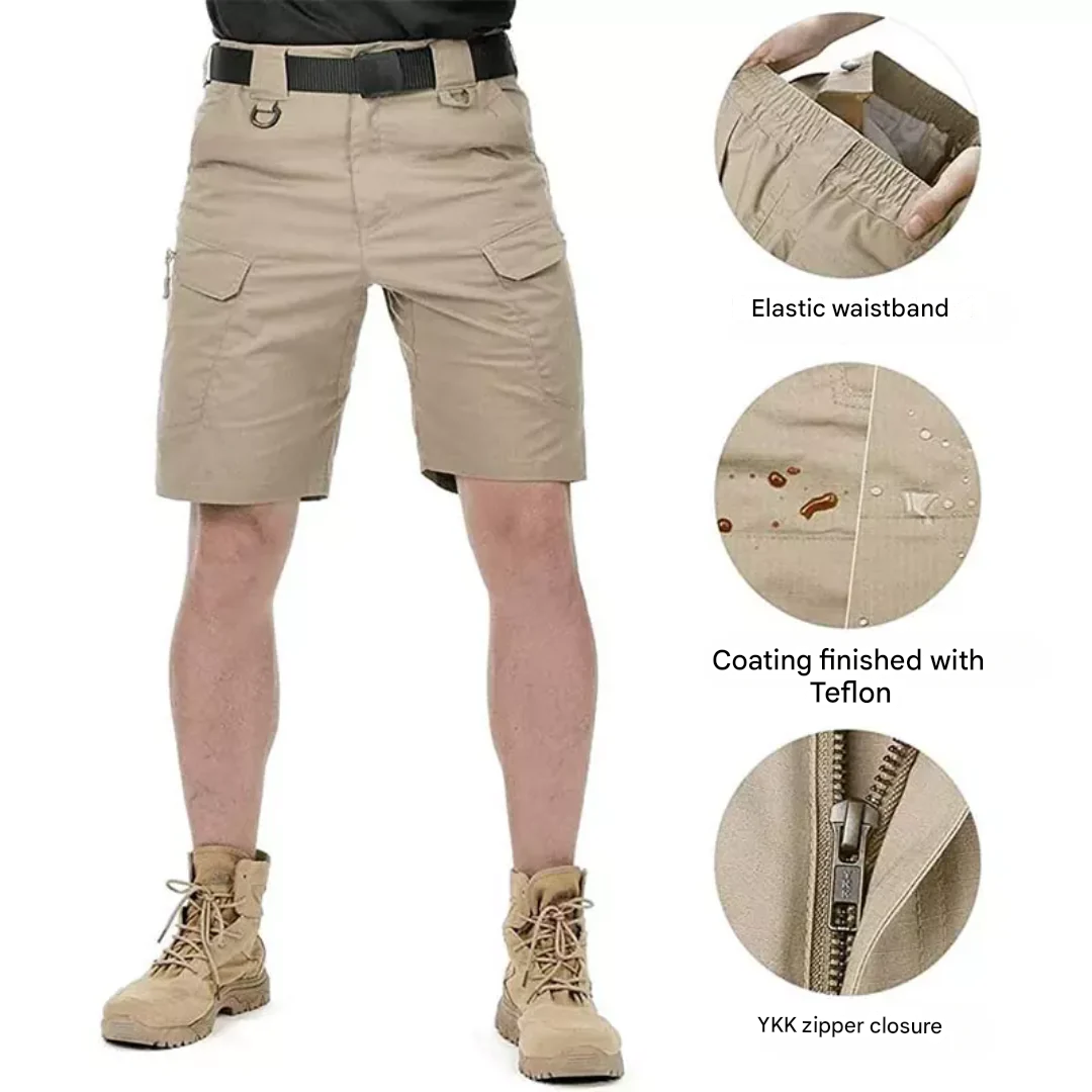Nahaufnahme: Stoff & Naht der robusten Herren Cargo Shorts. Hochwertige Qualität für Outdoor.