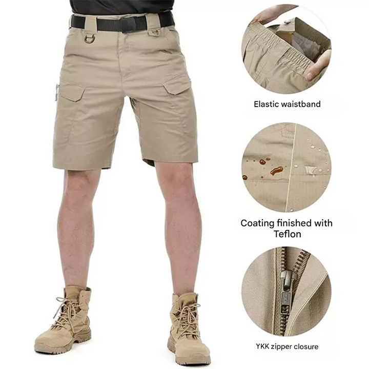 Nahaufnahme: Stoff & Naht der robusten Herren Cargo Shorts. Hochwertige Qualität für Outdoor.