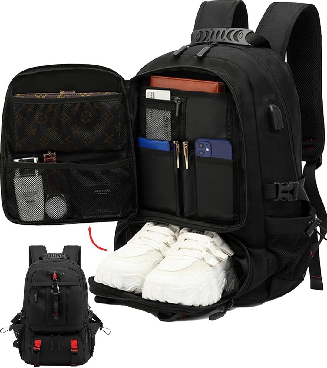 Unisex 60L wasserdichter Reiserucksack mit USB-Ladeanschluss, Laptopfach & separatem Schuhfach für Reisen.