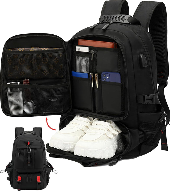 Unisex 60L wasserdichter Reiserucksack mit USB-Ladeanschluss, Laptopfach & separatem Schuhfach für Reisen.