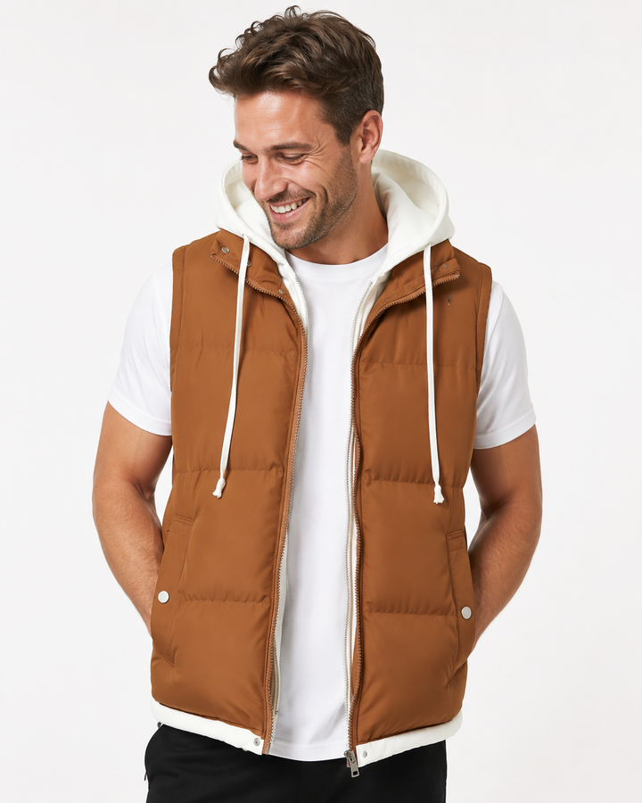 Unisex Baumwollweste mit Kapuze, leicht & warm, ideal für Lagenlook & Übergangszeit.