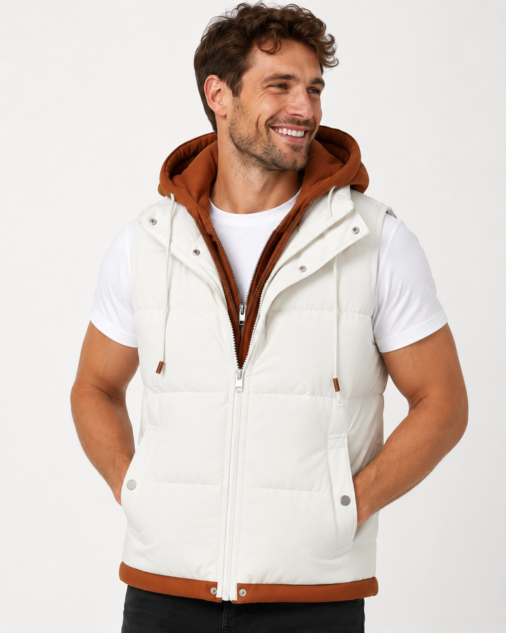 Leichte Baumwollweste mit Kapuze, unisex Design, perfekt als warme Schicht für jede Jahreszeit.
