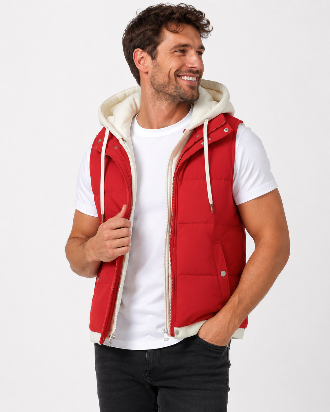 Komfortable Unisex Weste aus Baumwolle mit Kapuze für Outdoor-Aktivitäten. Leicht & robust.