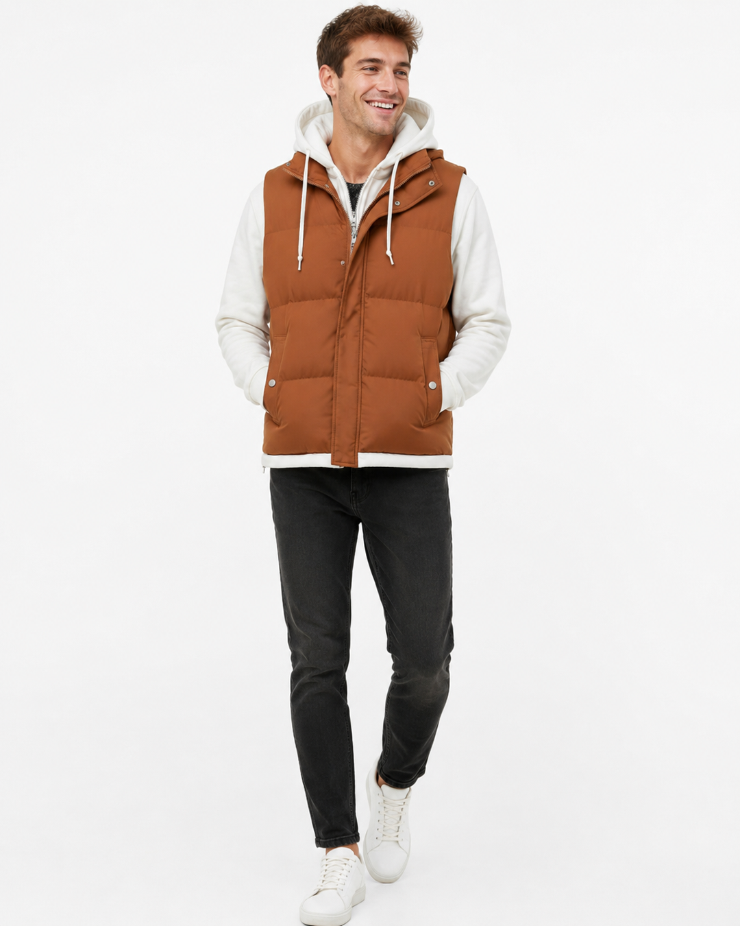 Vielseitige Unisex Kapuzenweste aus Baumwolle, leicht und warm. Perfekt für Reise & Alltag.
