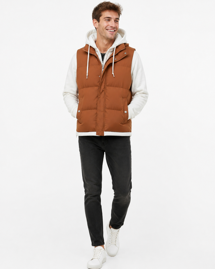 Vielseitige Unisex Kapuzenweste aus Baumwolle, leicht und warm. Perfekt für Reise & Alltag.