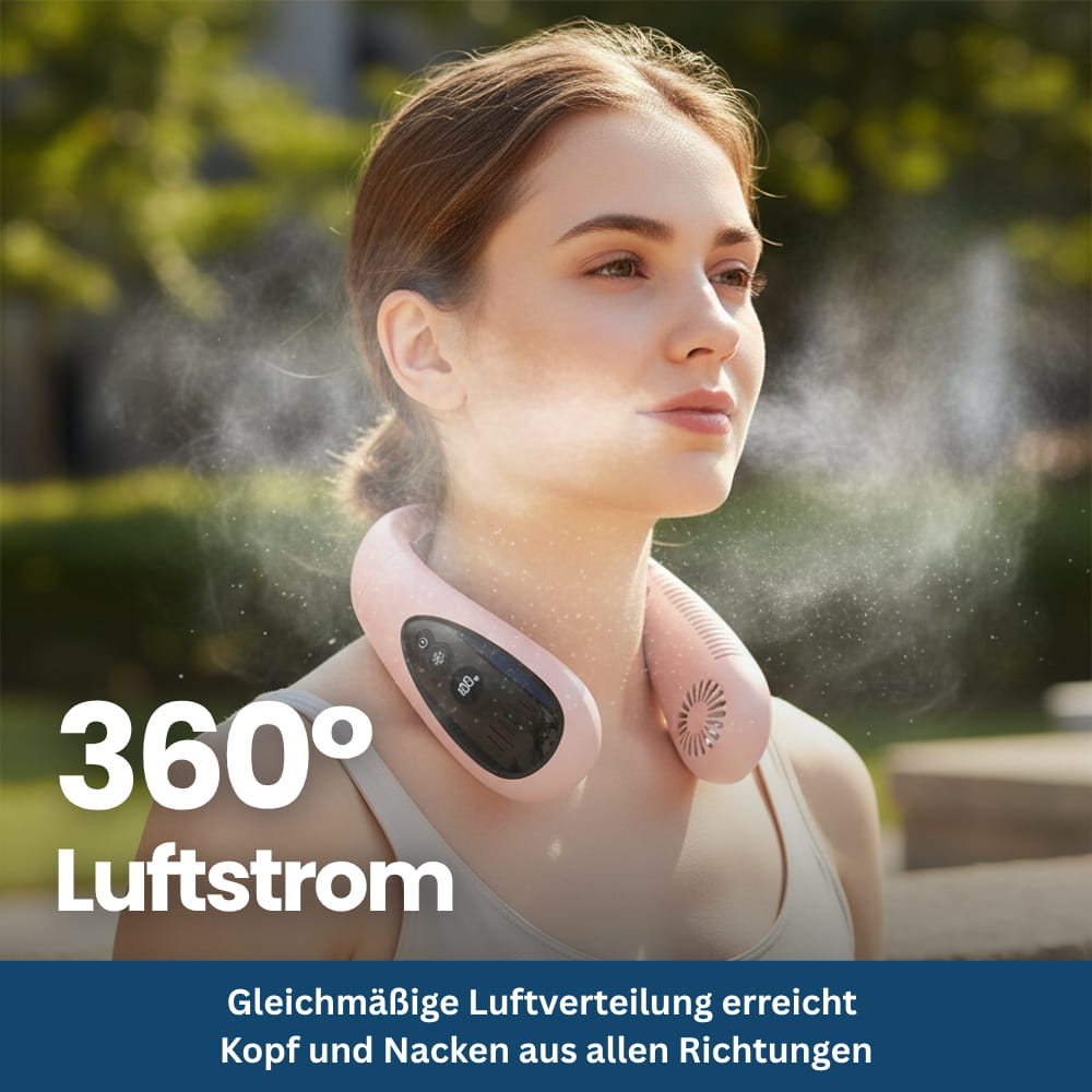 Unisex Kühlventilator für Nacken, perfekt für Sport, Büro, oder unterwegs; tragbar und effizient gegen Hitze.