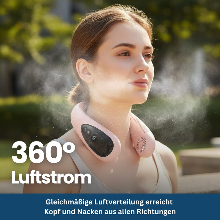 Unisex Kühlventilator für Nacken, perfekt für Sport, Büro, oder unterwegs; tragbar und effizient gegen Hitze.
