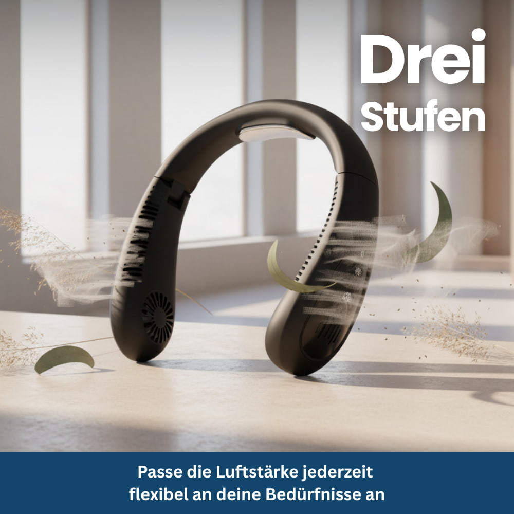 Ergonomischer, kühlender Halsventilator für maximalen Tragekomfort; ideal für Hitze im Büro, Sport & Reise.