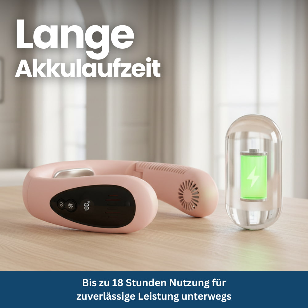 Sommerlicher Halsventilator, kühlend, tragbar. Perfekte Erfrischung bei Sport, Wandern oder im heißen Büro.