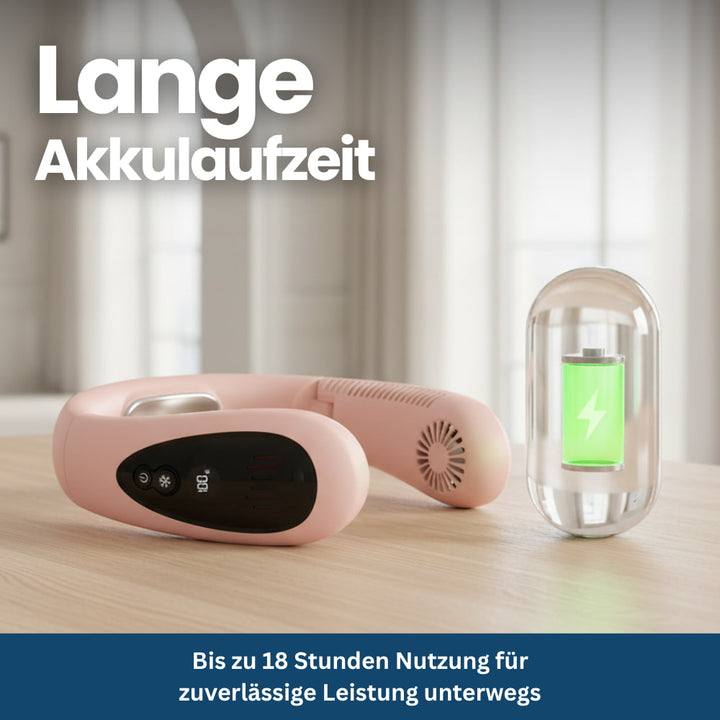 Sommerlicher Halsventilator, kühlend, tragbar. Perfekte Erfrischung bei Sport, Wandern oder im heißen Büro.