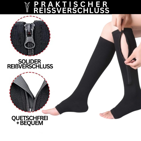 Bequeme Unisex-Kompressionsstrümpfe mit Reißverschluss, ideal für leichtes An- und Ausziehen im Alltag.