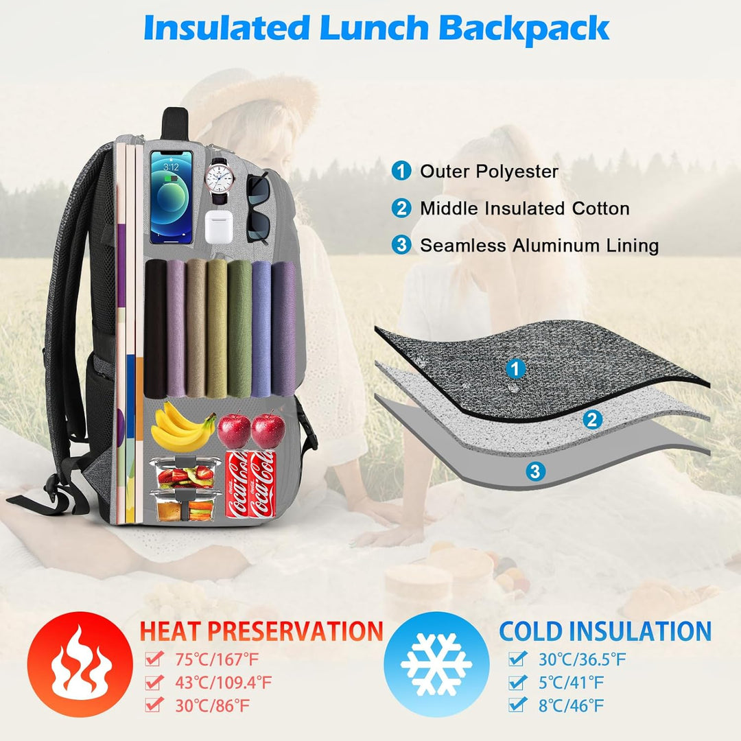 Vielseitiger Laptop-Rucksack unisex, wasserdicht, mit USB-Port und isoliertem Lunchfach.
