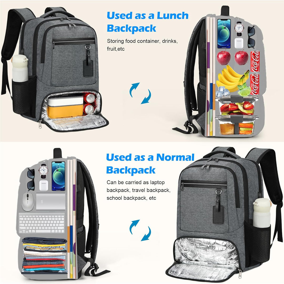 Praktischer Reise- und Schul-Rucksack mit Laptopfach, Lunchfach und USB-Ladefunktion.