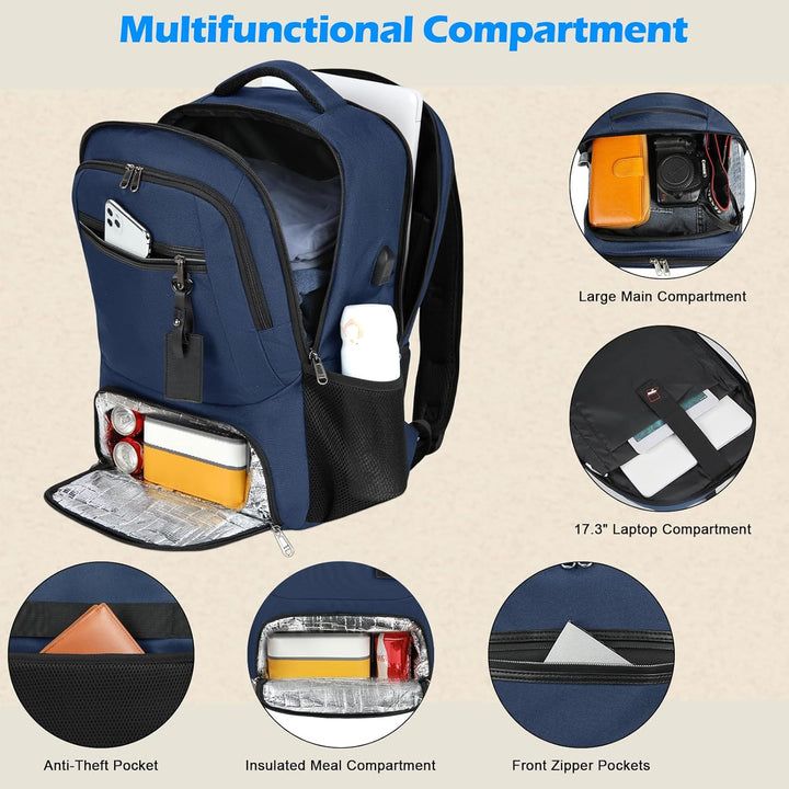 Reise-Rucksack unisex, wasserdicht, mit Laptopfach, Lunchfach und USB-Ladeanschluss.