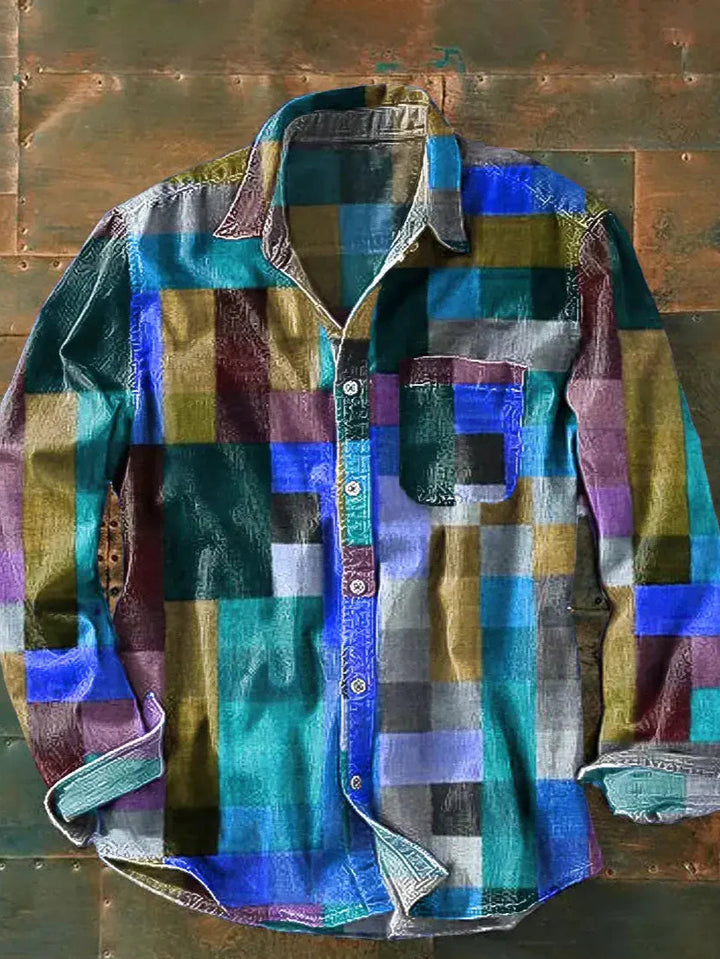 Herren Langarm Patchworkhemd in lässigem Style. Einzigartiges Design für modische Herrenmode und Freizeitlooks.