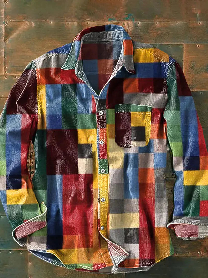 Lässiges Herren Langarmhemd mit einzigartigem Patchwork-Design, ideal für Freizeit und modische Looks.