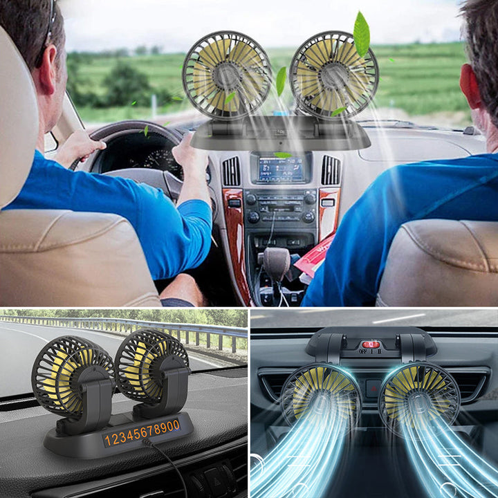 Vielseitiger Autolüfter mit zwei Köpfen, 360° drehbar, leise, ideal für 12V/24V/USB Auto Kühlung.