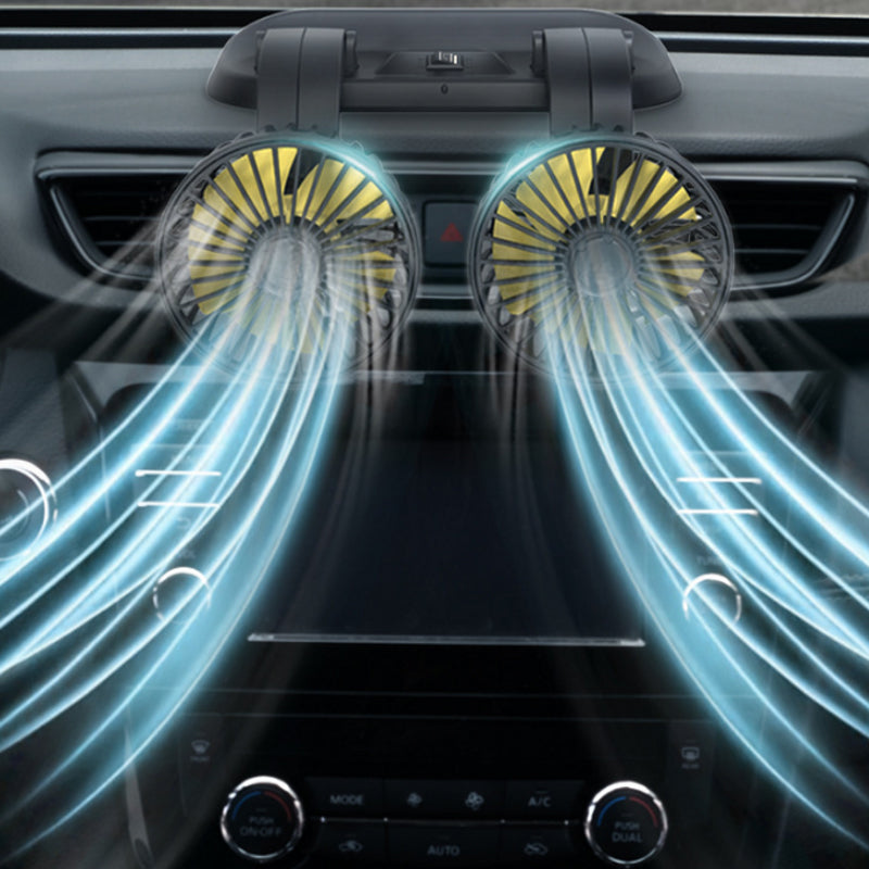 Effizienter, leiser Auto Doppellüfter, 360° drehbar, für angenehme Innenraumkühlung im Fahrzeug.