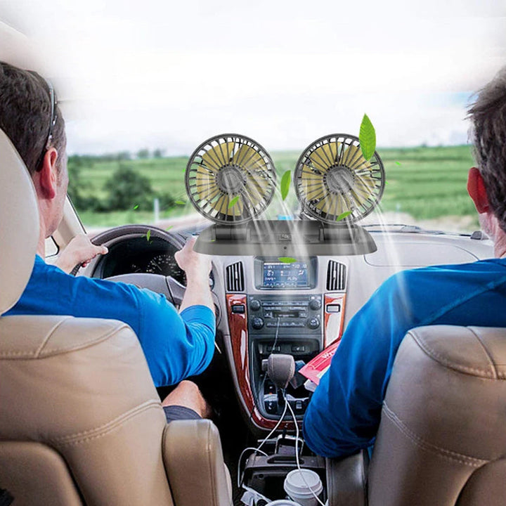 12V/24V/USB Doppellüfter Auto, 360° rotierbar, leise, ideal für komfortable Auto Kühlung.