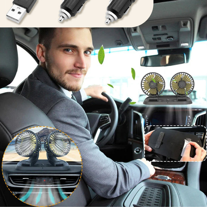 Universeller leiser Doppellüfter Auto, 360° Rotation, 12V/24V/USB für effektive Innenraumkühlung.