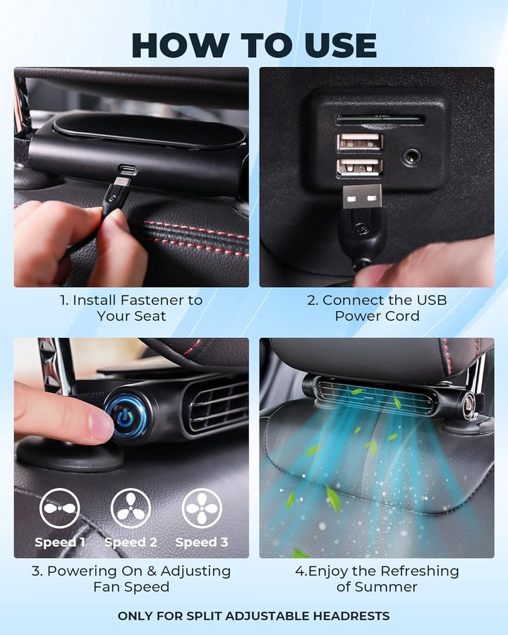 Mobiler USB Kühlventilator fürs Auto, flügellos, 3 Geschwindigkeiten. Must-have für heiße Sommerfahrten im PKW.