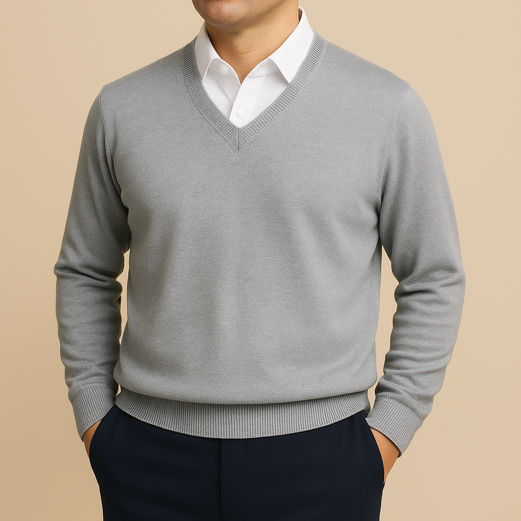 Moderner Herren V-Ausschnitt Strickpullover. Eleganter Langarm Pullover für stilvolle Freizeit- & Business-Looks.
