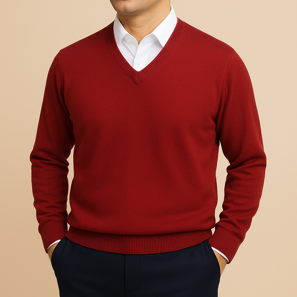 Stylischer Herren Langarm V-Ausschnitt Pullover, perfekt als smart casual Oberteil für Büro oder Abend.
