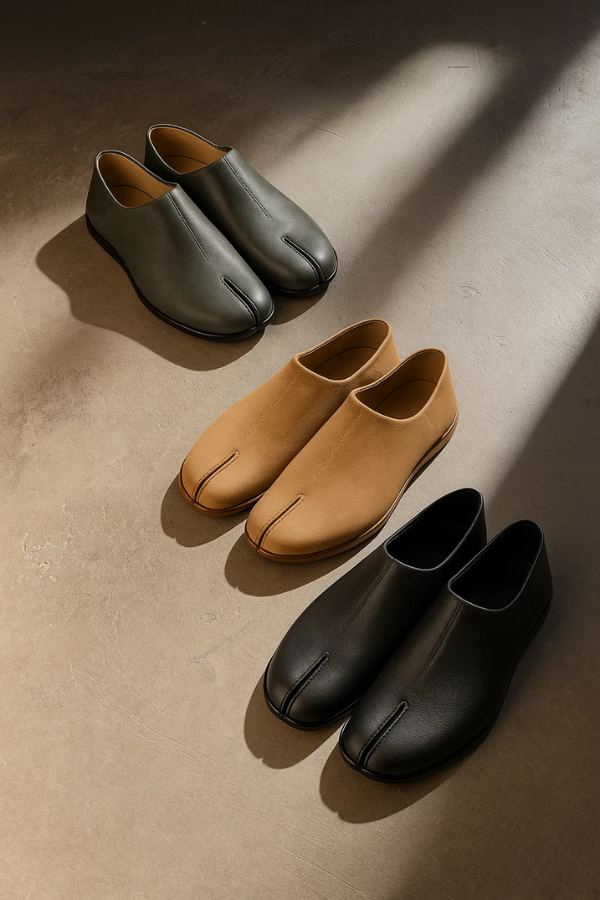 Sohlendetail der Valanas Herren Tabi Slipper. Rutschfeste Komfortschuhe mit Spaltzeh-Design für Herren.
