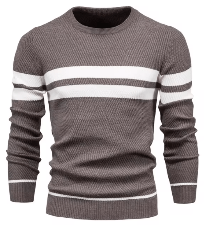 Brauner Herren Strickpullover mit geripptem Saum. Ideal für elegante Casual-Outfits.