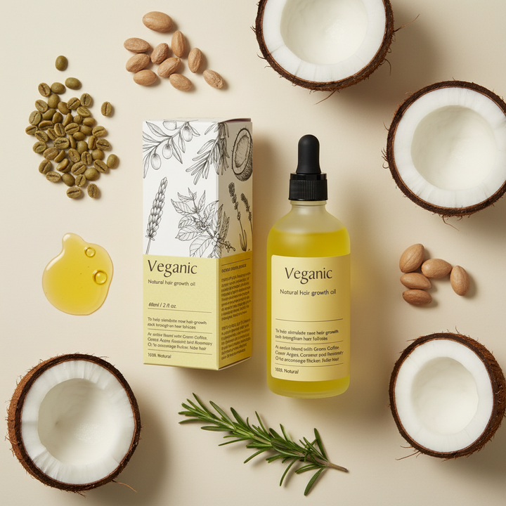 Flasche mit veganem Haarwachstumsöl & Naturkosmetik für kräftiges, glänzendes Haar und gesunde Kopfhaut.