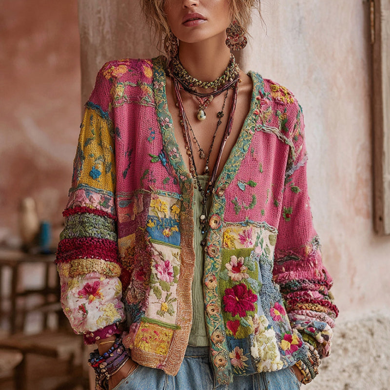 Elegante Damen Vintage Boho Strickjacke in Rosa mit Blumenmuster-Patchwork, Langarm, gemütlicher Strick-Cardigan.