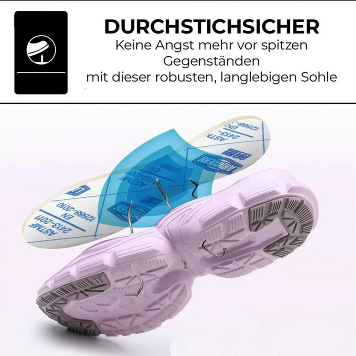 Nahaufnahme: Widerstandsfähige Zehenkappe der Damen Sicherheitsschuhe S3, robust & schützend.
