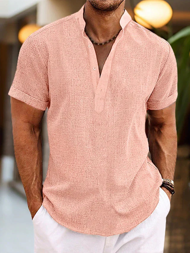 Herren Sommer Henley Kurzarm Shirt in Marineblau, leichter Baumwollmix, perfekt für Freizeit & Urlaub.