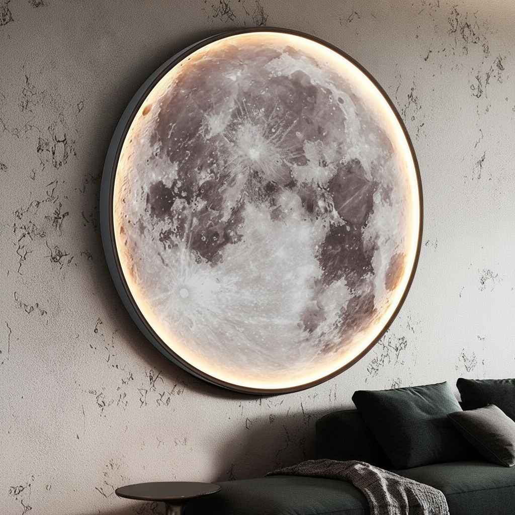 Einzigartige Mondlampe Moonveil als Wandlampe mit sanfter LED-Beleuchtung für entspanntes Schlafzimmerlicht.