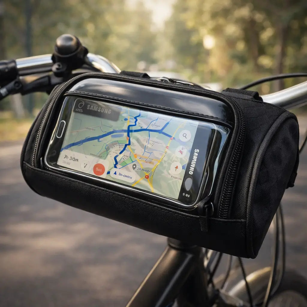 Wasserdichte Fahrrad Lenkertasche mit integriertem Touchscreen-Fach für Smartphones, ideal für Radtouren.