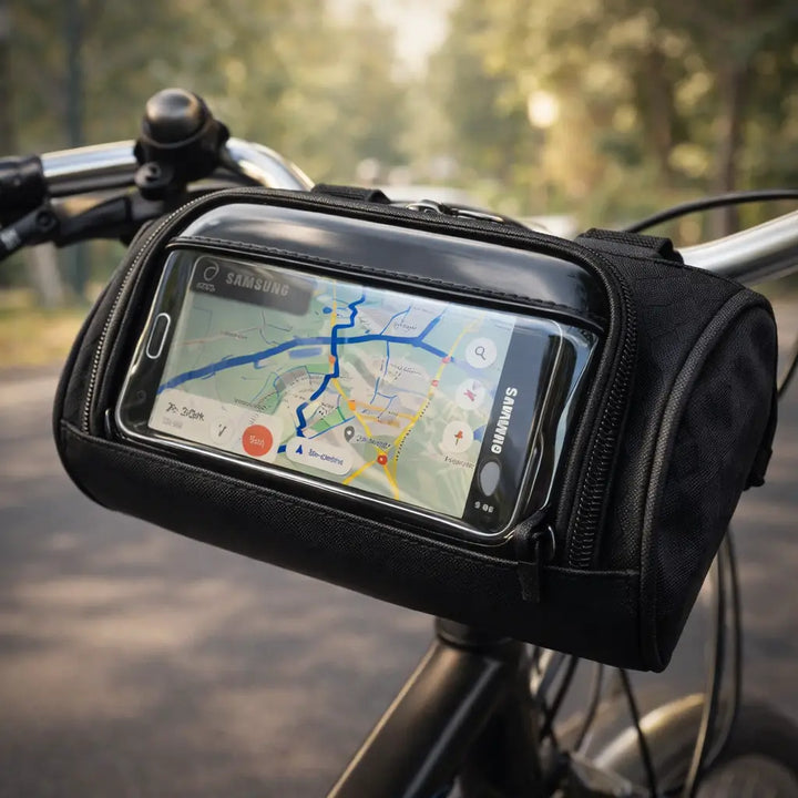 Wasserdichte Fahrrad Lenkertasche mit integriertem Touchscreen-Fach für Smartphones, ideal für Radtouren.